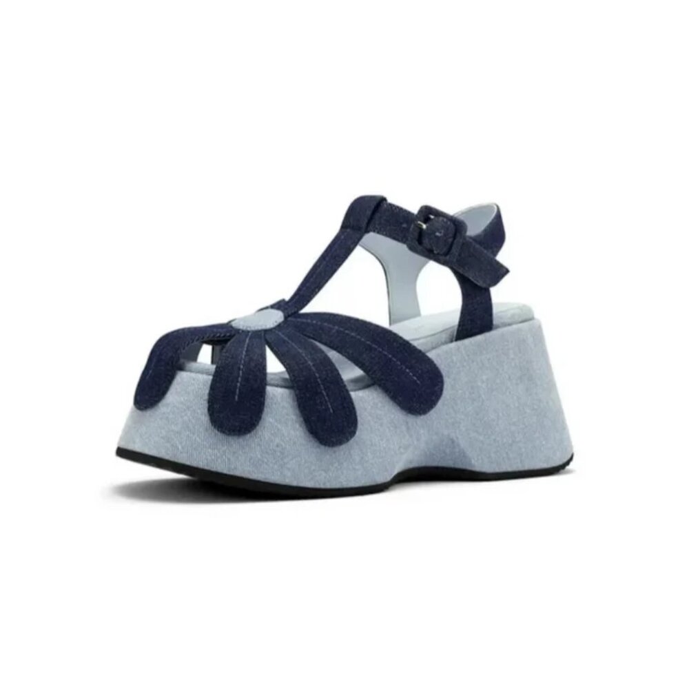 Platform T-Strap Sandal in Navy and Light Blue